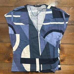 Zara Linen Blend  Geometric Printed Blue Top Blouse M